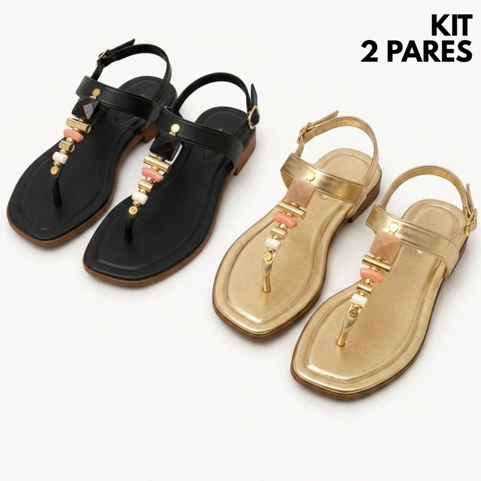 Kit 2 Pares Rasteirinha Feminina de Dedo Pedraria Leve Confortável Salto Baixo
