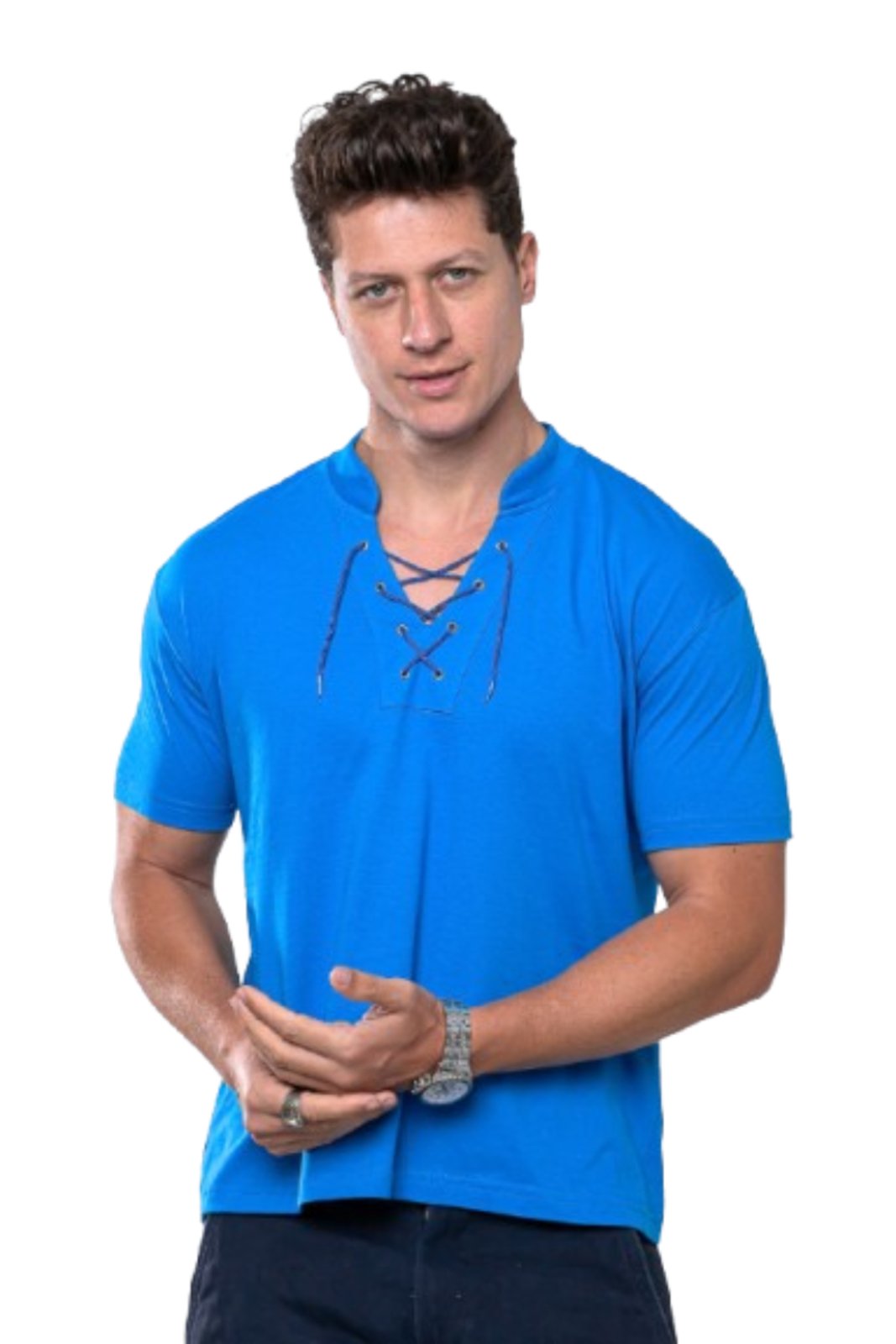 Camisa Gola à Padre Camiseta Masculina Garais Moda com Cordão e Ilhós Manga Curta 100% Algodão Estilo Casual Azul