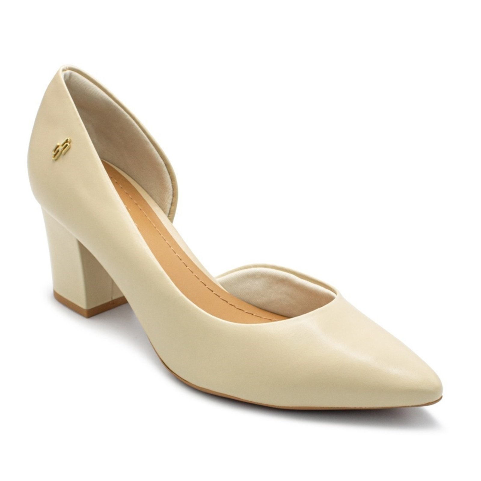 Vista 3 Scarpin Usaflex Feminino Em Couro Salto Bloco Bico Fino Detalhe Costura AL4105 bege Usaflex bege