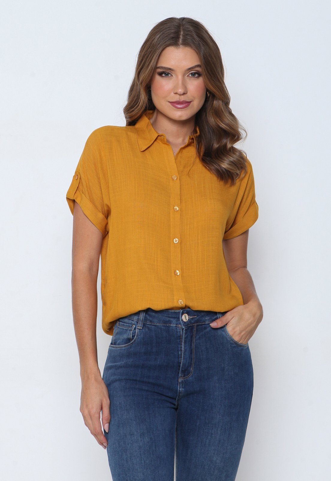 Vista 2 Camisa Intens Manga Curta Viscolinho Mostarda amarelo Intens amarelo