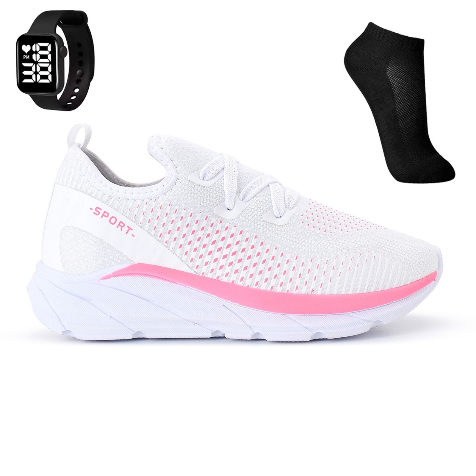 Vista 2 Tenis Meia Feminino Esportivo Treino Academia Light Sport + Meia e Relogio CALCADOS LGHT LIGHT branco CALCADOS LGHT LIGHT branco
