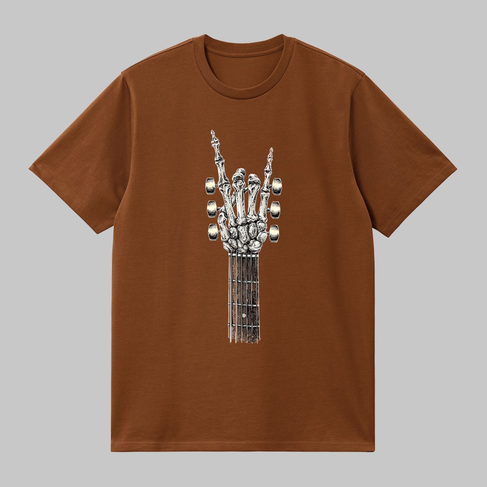 Camiseta Básica Guitarra Caveira Rock and Roll Style Unissex Marrom