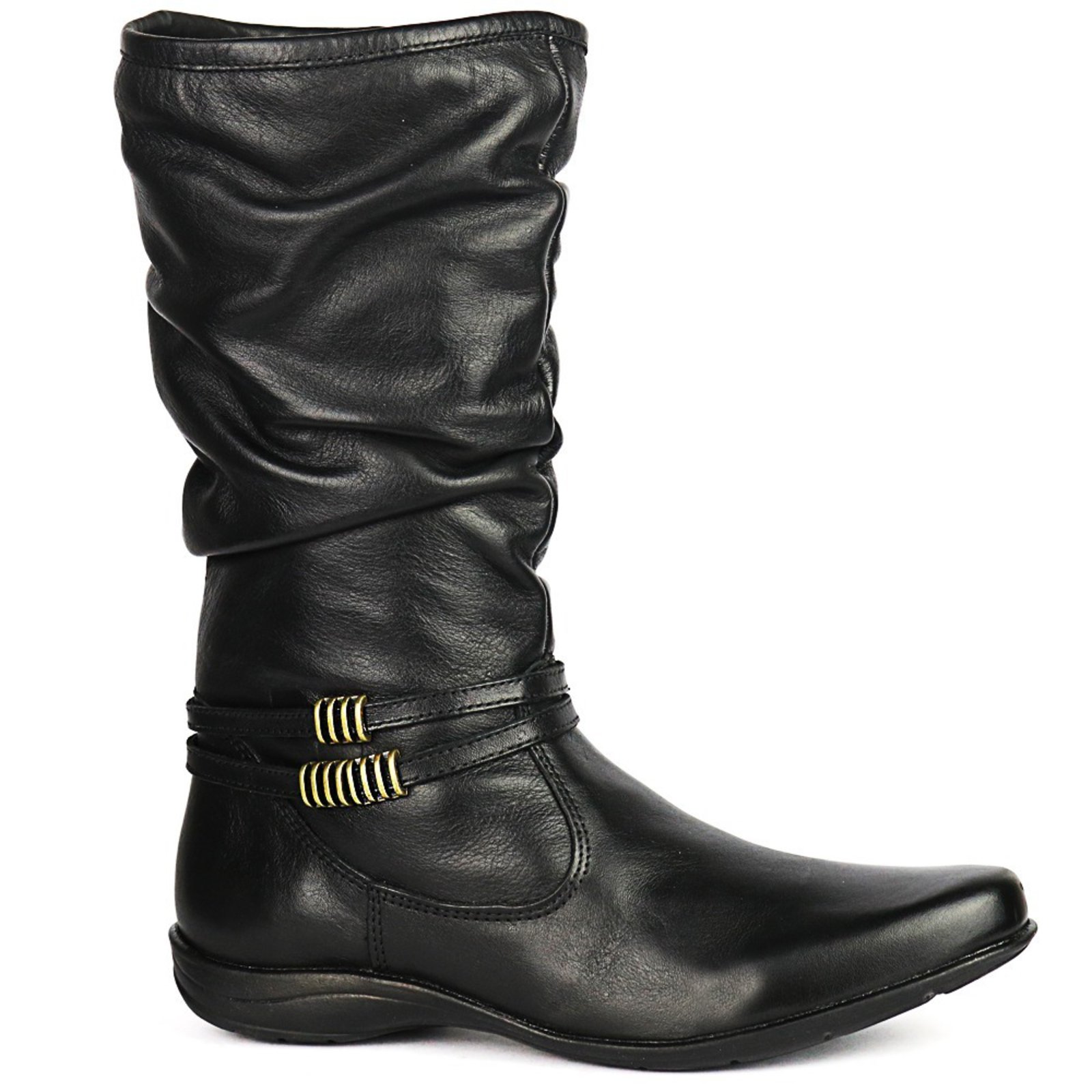 Bota Feminina Cano Médio Enrugado Rasteira Sem Salto Couro Wit Shoes