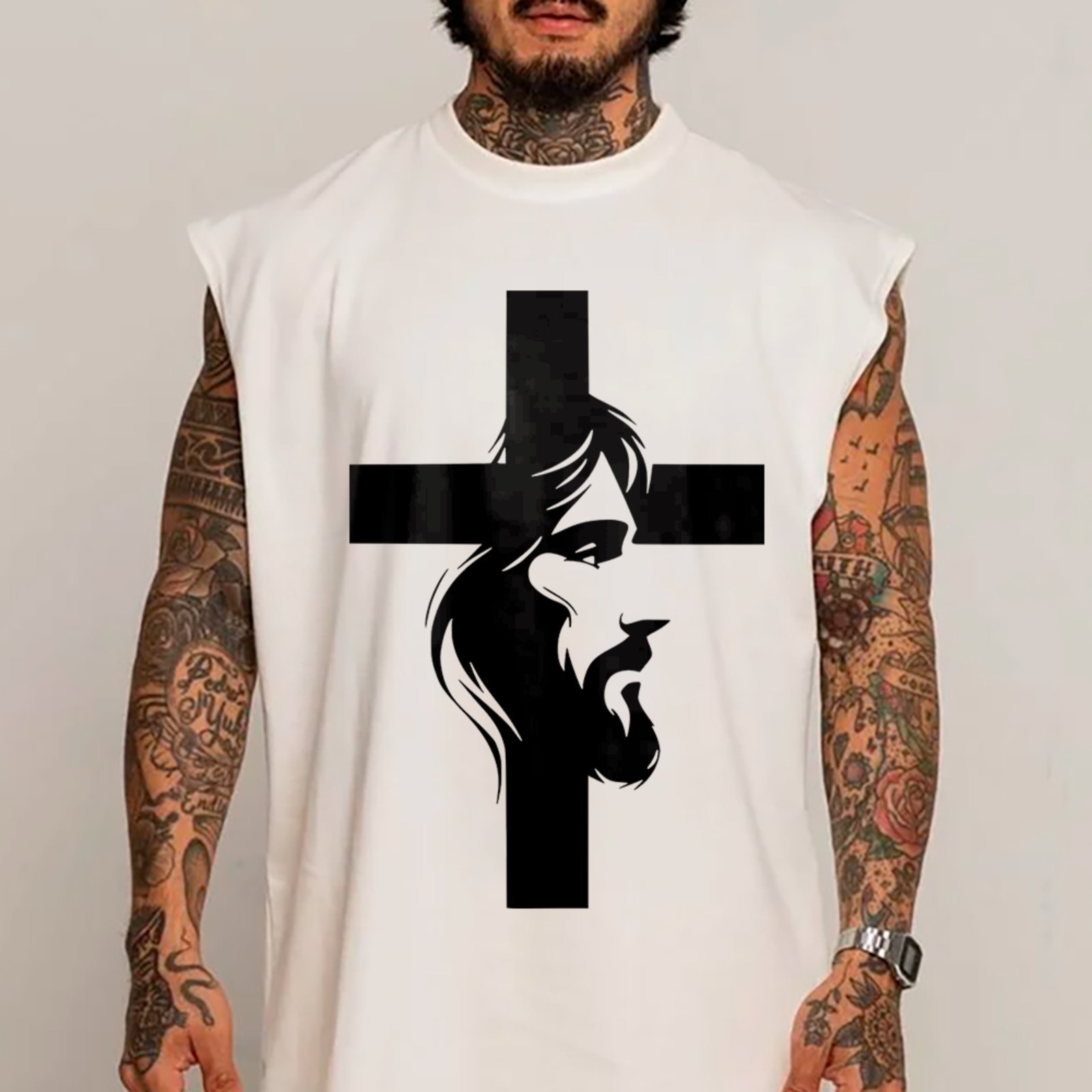 Camiseta Regata Machão Jesus Cruz Religioso Fé Cristã Branco