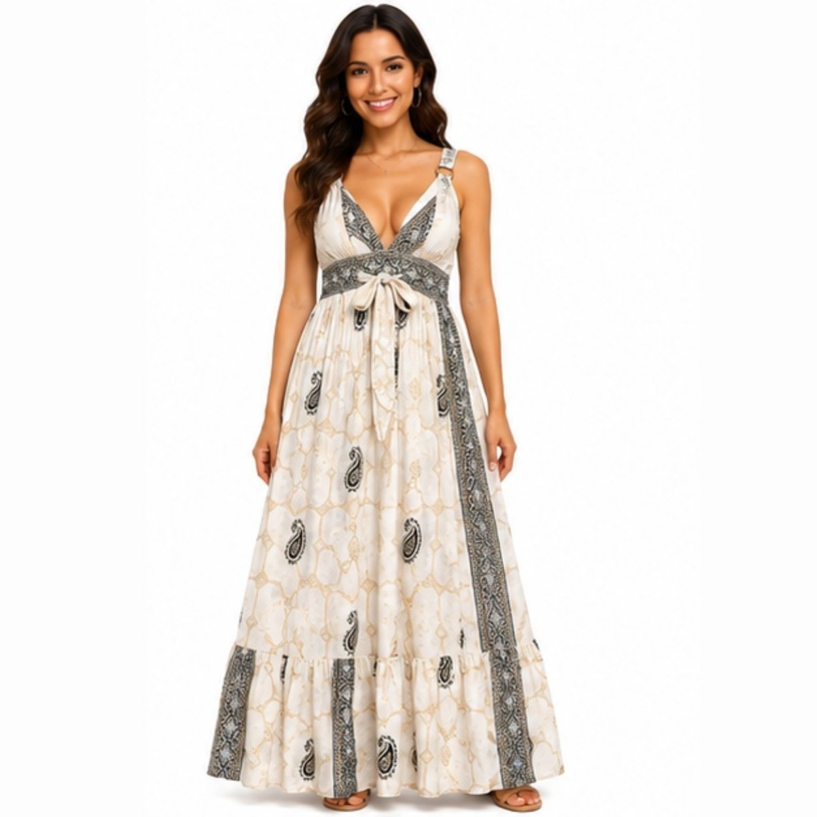 Vestido Longo Indiano Feminino Estampado Decote V com Lastex Branco