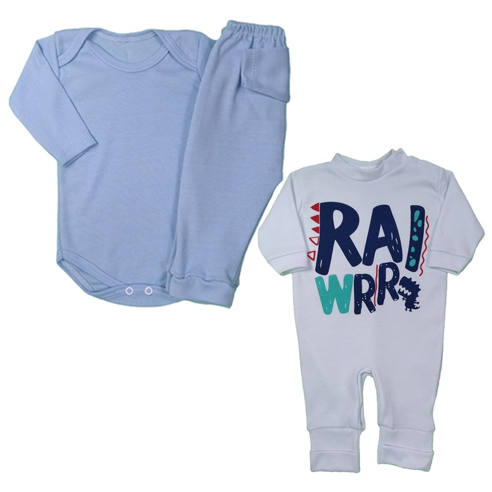 Infantil – Kit 3 Peças Body Manga Longa E Mijão E Macacão Suedine Azul