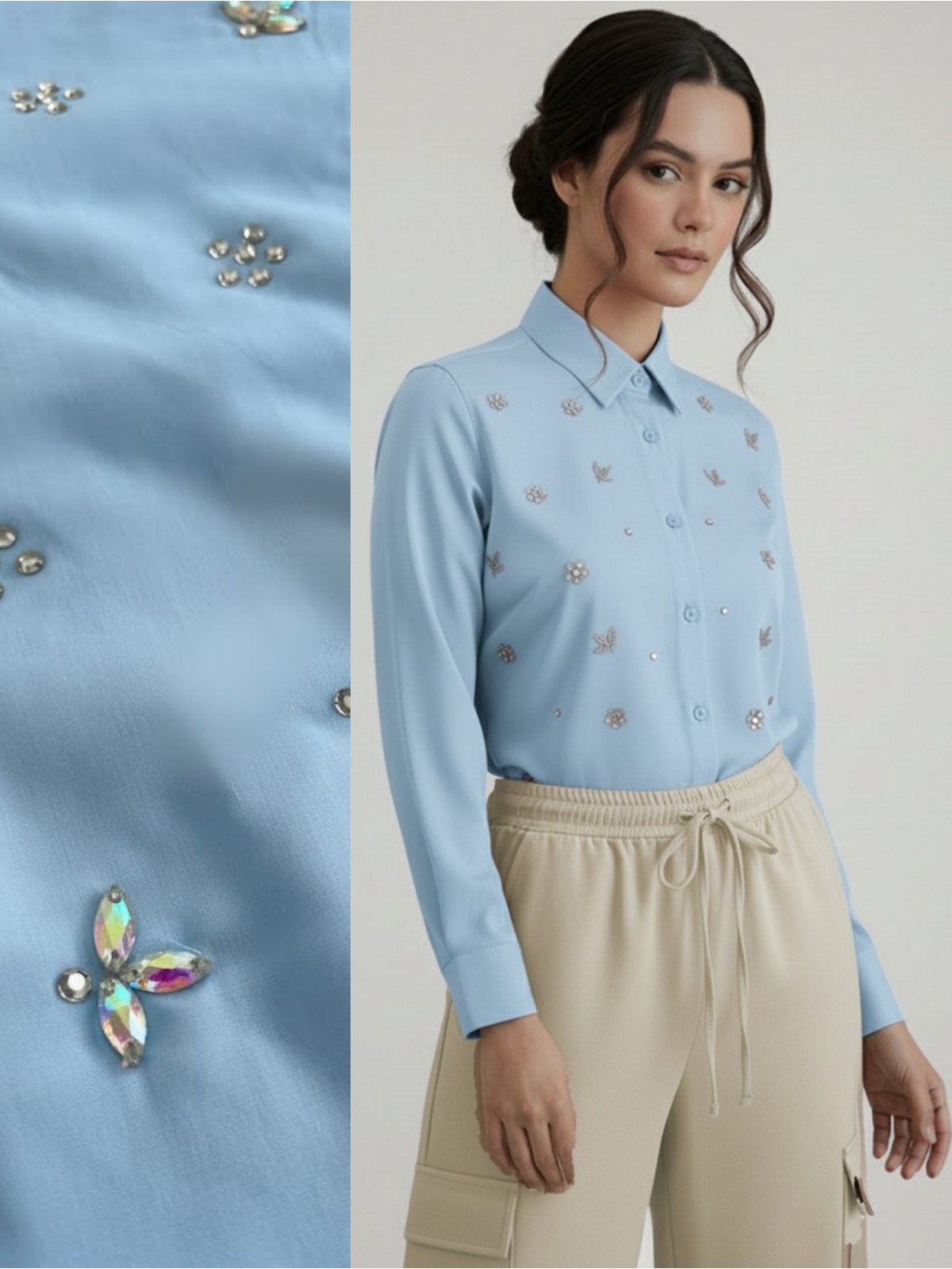 Camisa Social Feminina com Strass Variados Furta-cor Azul Blusa de Luxo Manga Longa Elegante