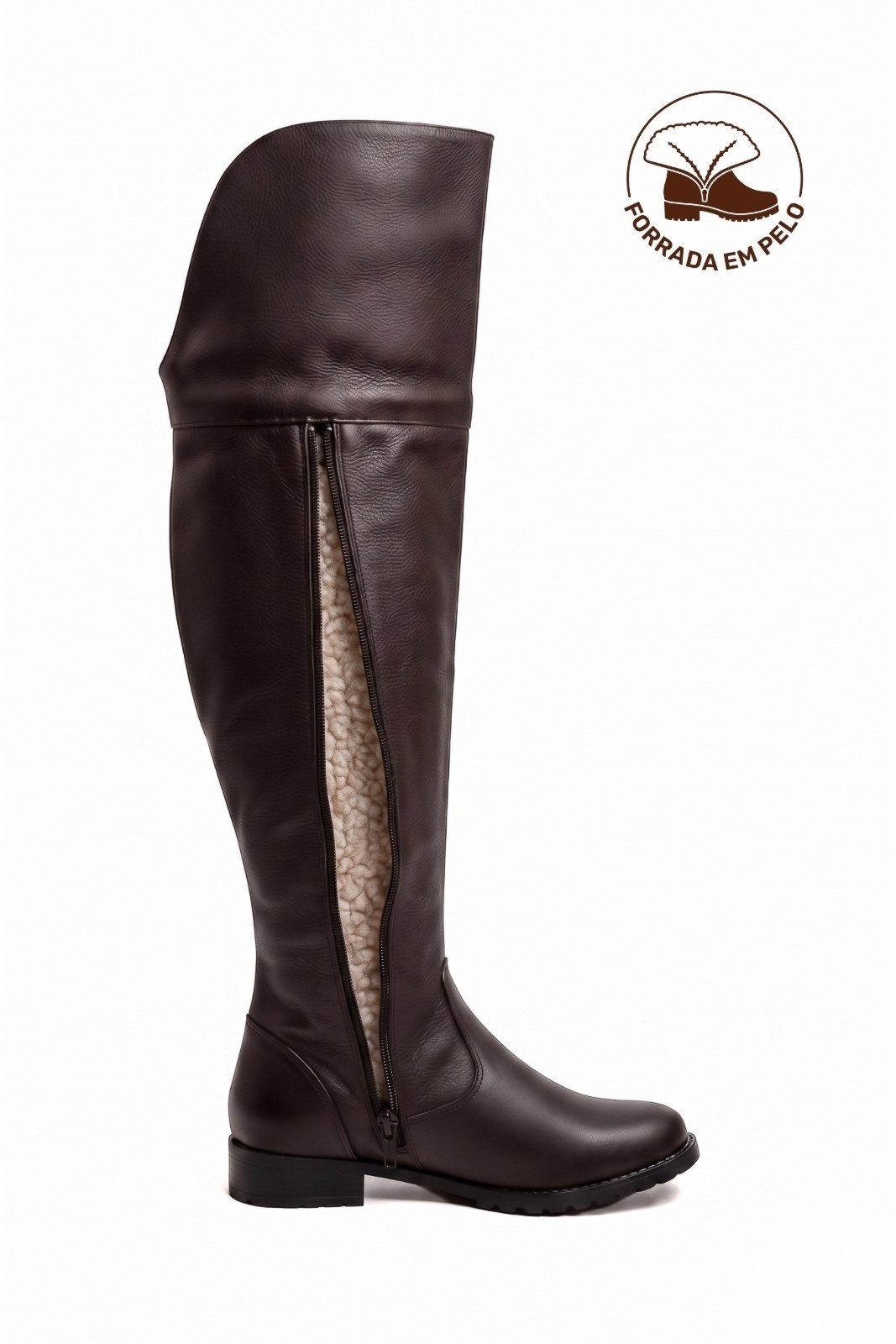 Bota de couro over cano longo feminina com pelo 7514P - Café