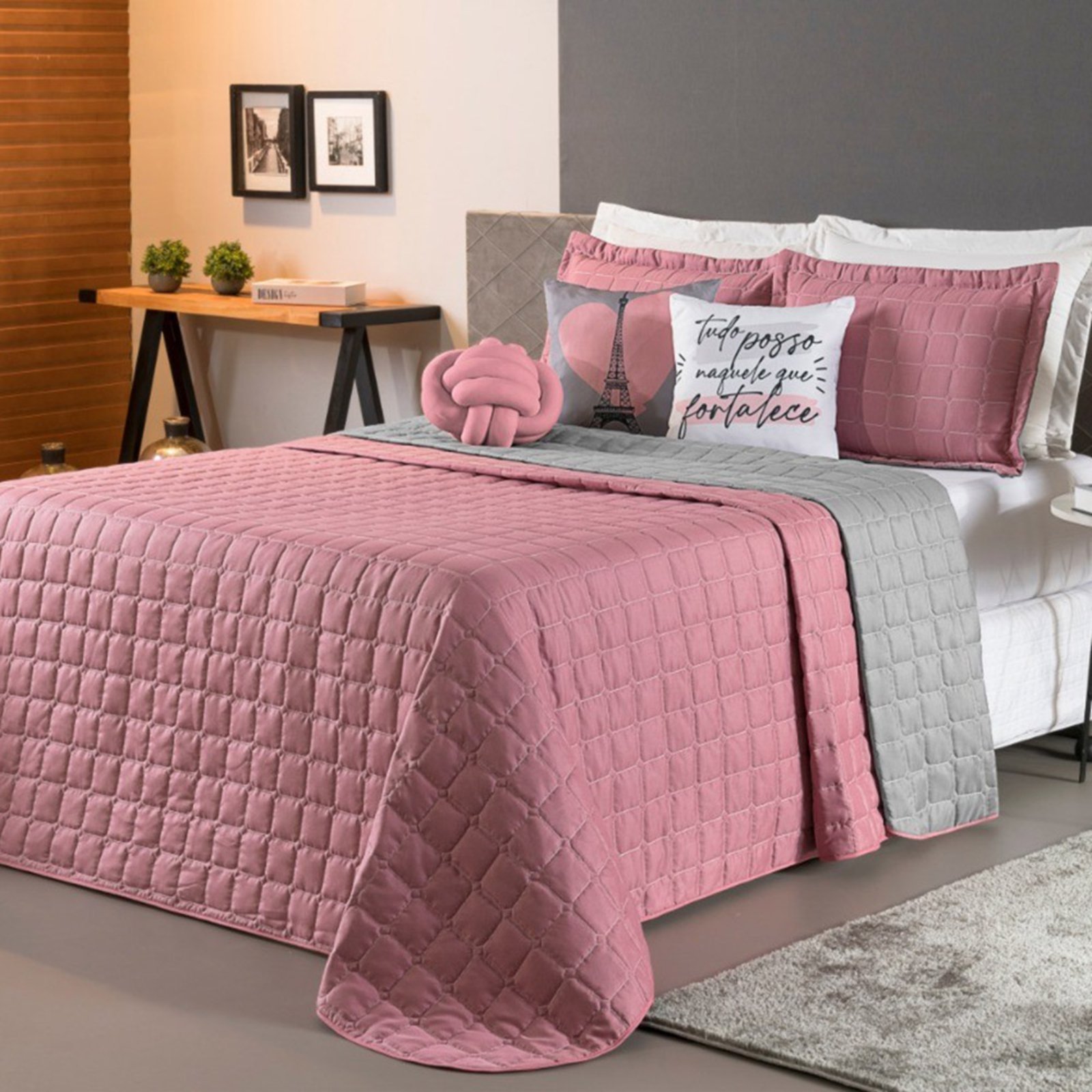 Kit Cobre Leito Sonho Queen 08 Peças Barato - Rosê - Cinza - 100% Poliéster