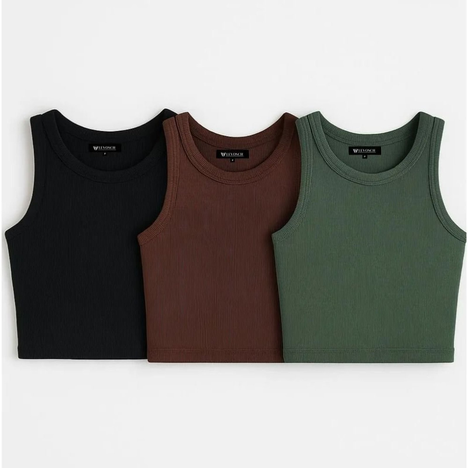 Kit 3 Blusas Feminina 77VS Levosch Cropped Ribana Algodão Premium Preto/Marrom/VerdeMilitar