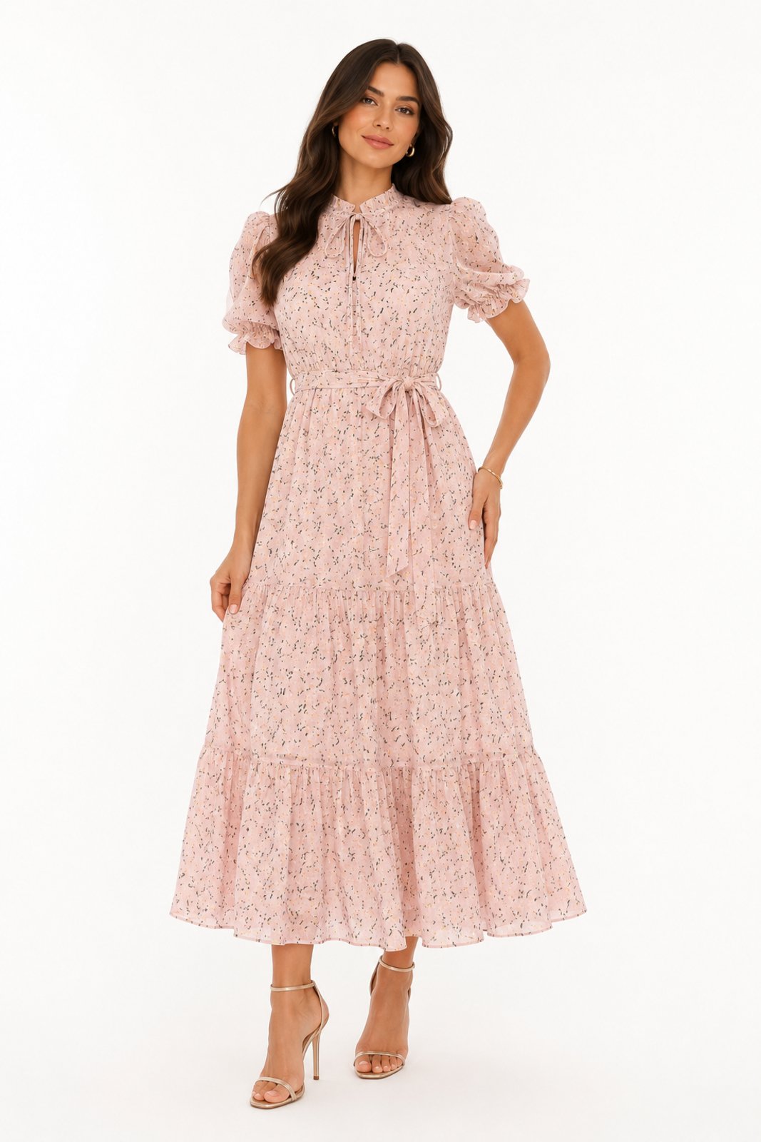 Vestido Midi D Bell Outlet Fashion Chiffon Manga Princesa Rosa Claro