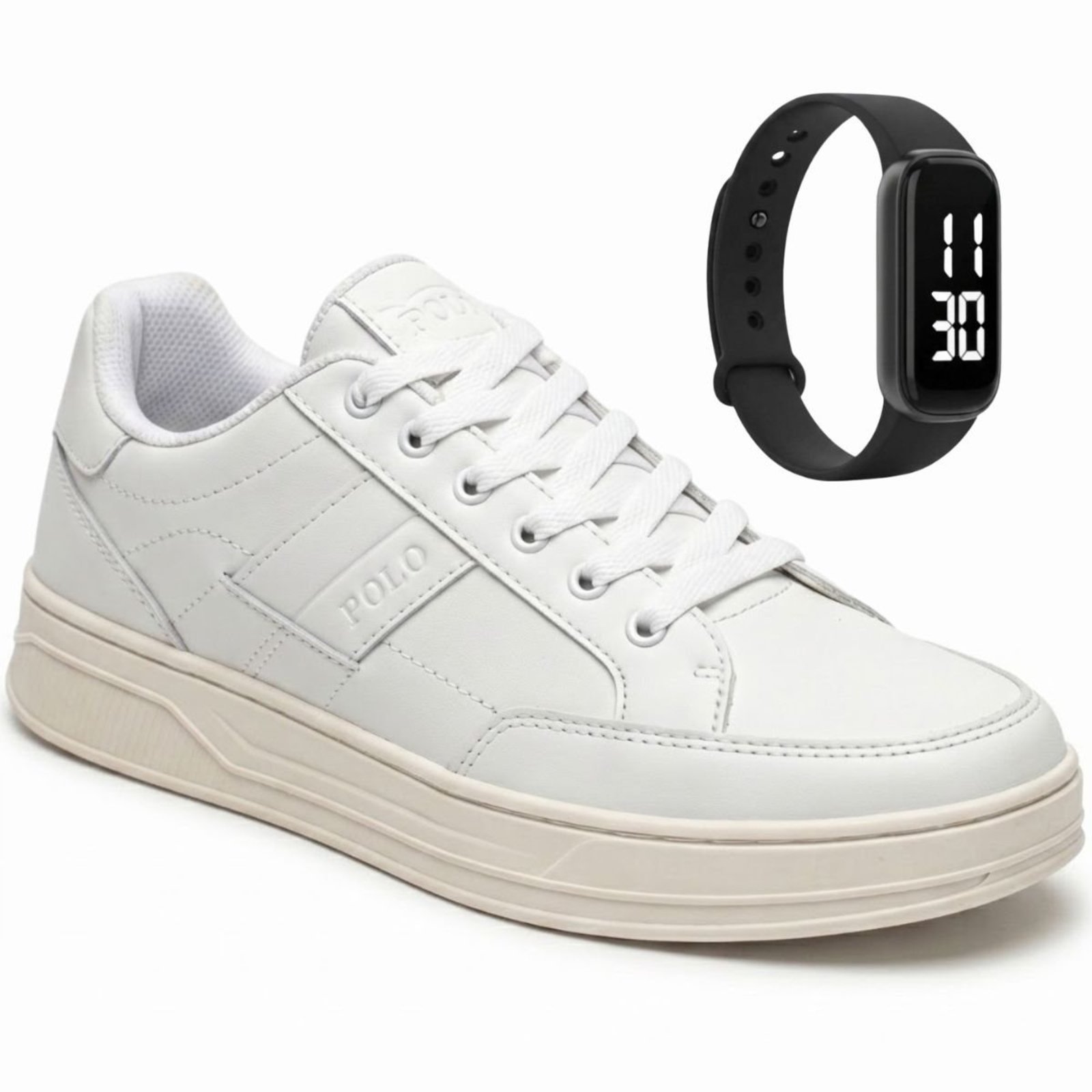 Sapatênis Masculino Casual Polo Tênis Branco Liso Com Relógio Led Digital Kit