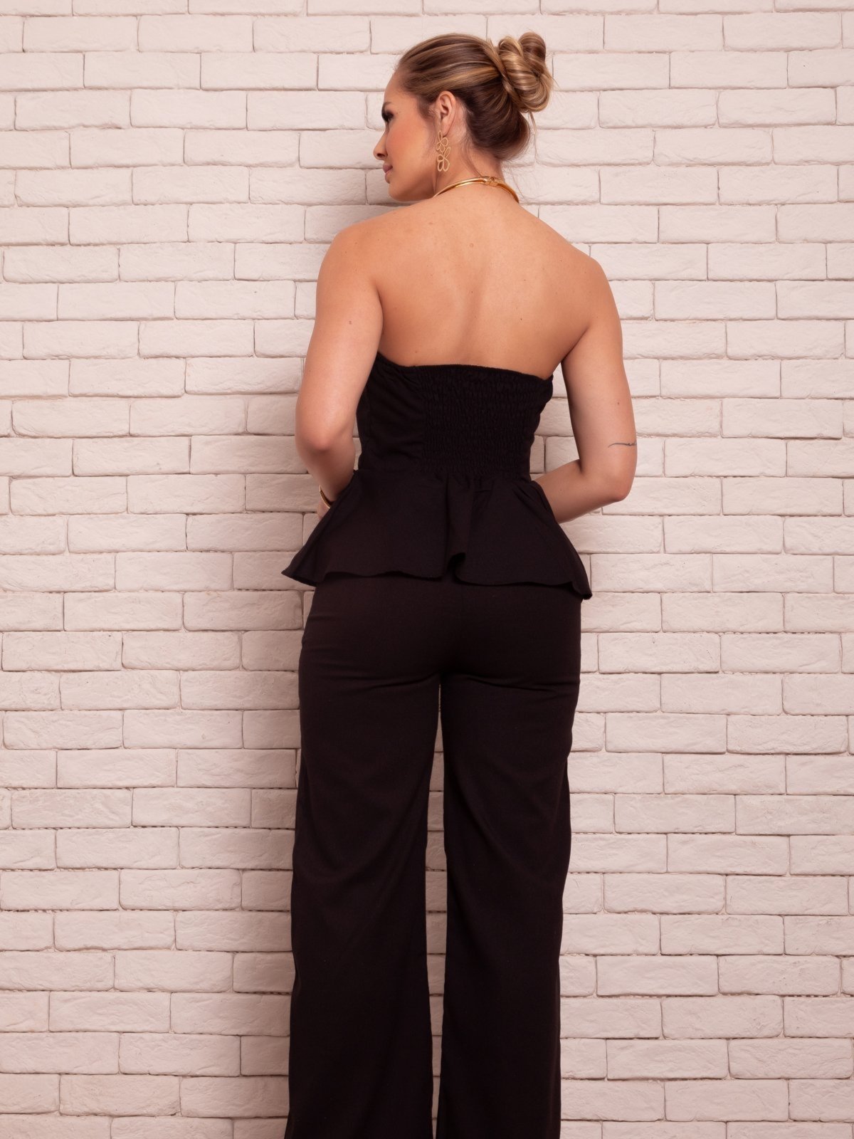 Vista 3 Conjunto Feminino Blusa Decote com Peplum Linho Misto e Calça Reta Wide Leg Linho FS CONCEPT bege FS CONCEPT bege