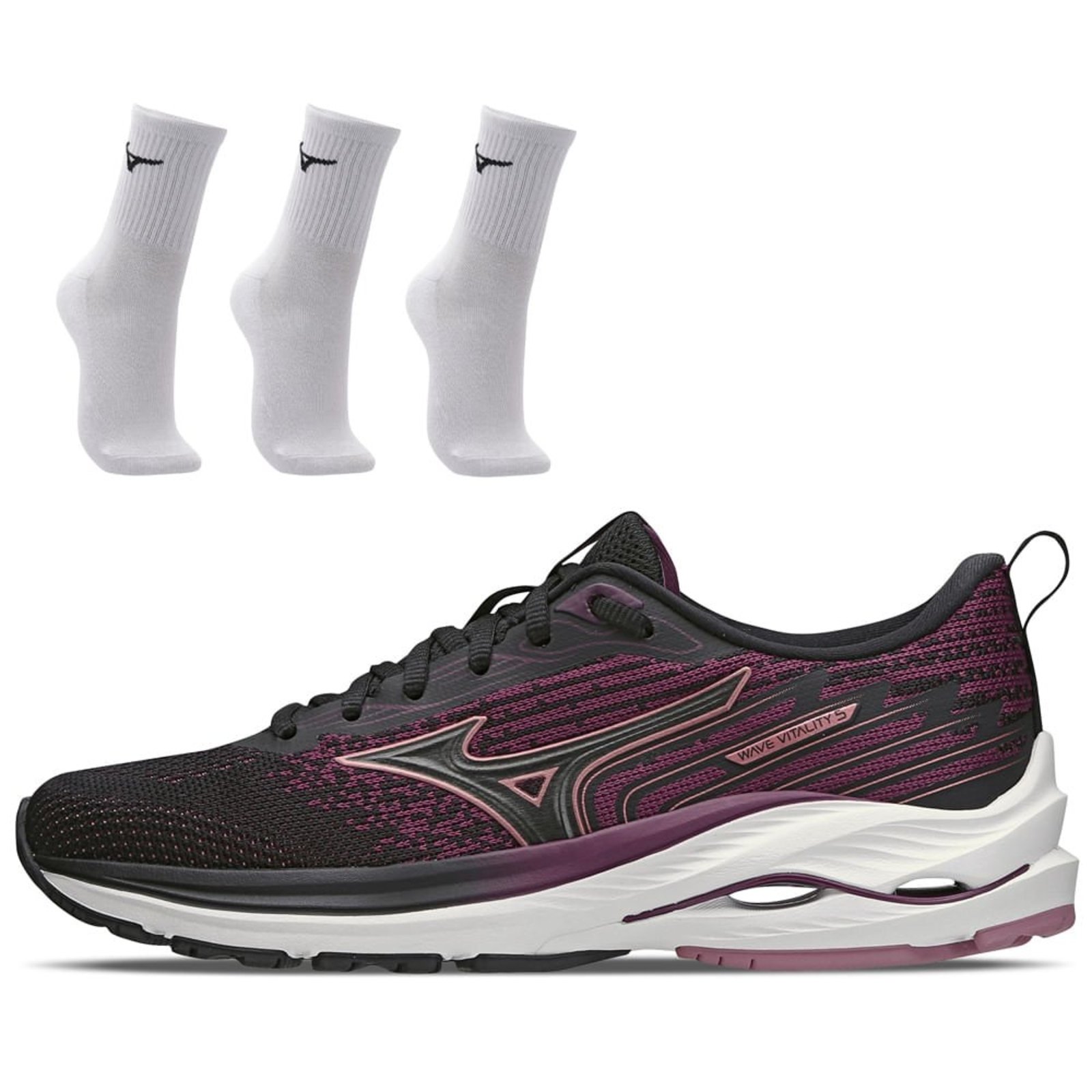 Kit 1 Tênis de Corrida Feminino Mizuno Wave Vitality 5 e 3 Pares de Meia Cano Médio