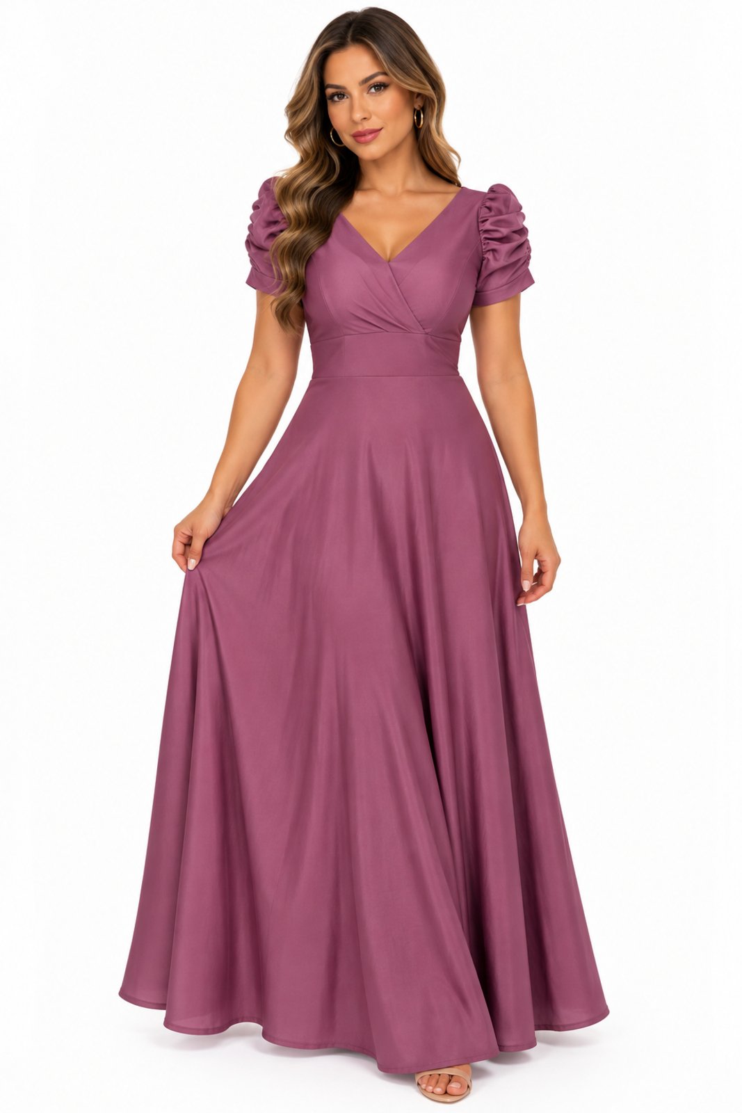 Vestido Longo D Bell Outlet Fashion Cetim Manga Bufante Rosé Queimado