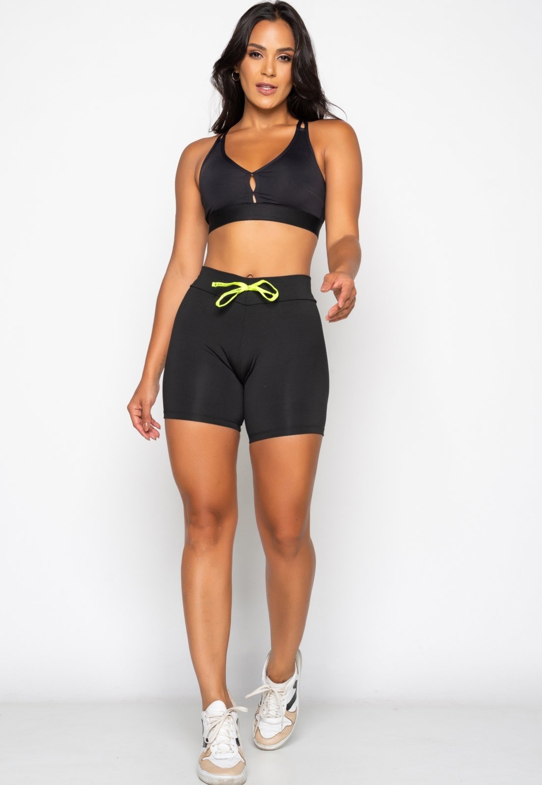 Short Mood Modas Liso Com Cadarço Fitness em Suplex Bermuda Academia Laço Básico 023 Preto