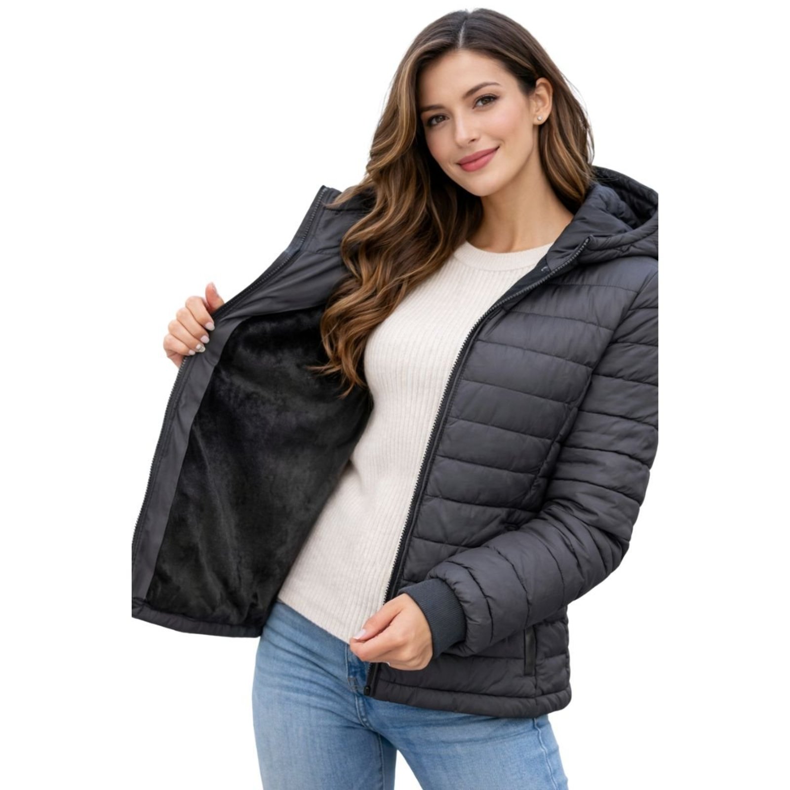 Jaqueta Feminina Puffer Nylon Peluciada com Capuz e Isolamento Térmico Preto