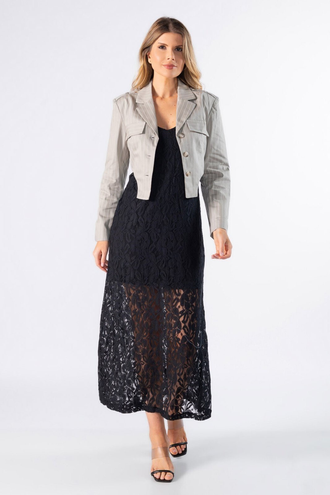 Blazer cropped Lamis com bolsos Cinza
