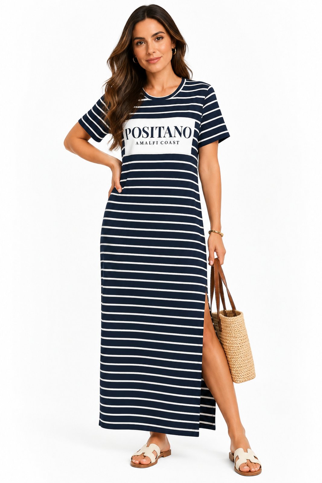 Vestido Longo D Bell Outlet Fashion Listrado Positano em Viscolycra Azul Marinho
