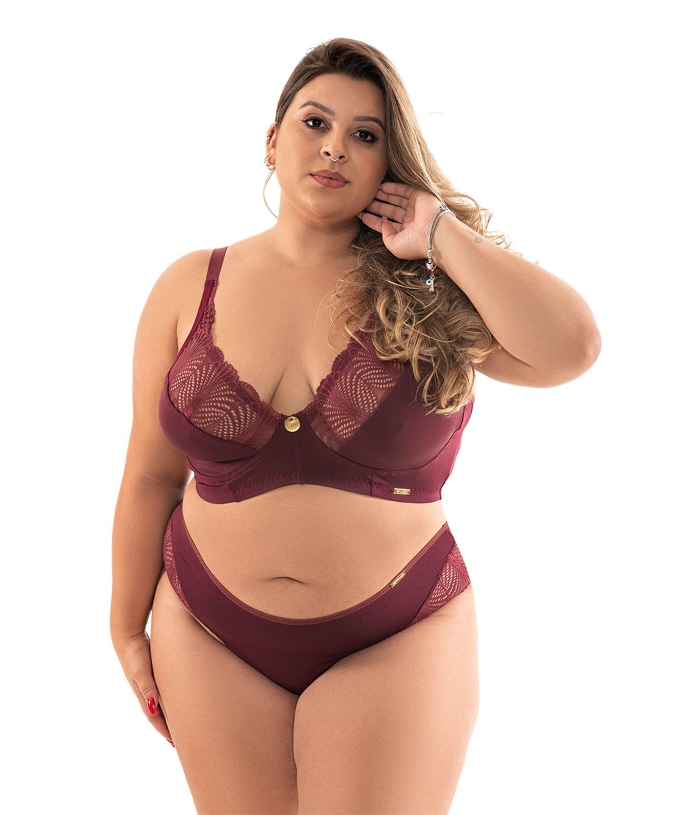 Conjunto IMI Lingerie Sem Bojo Em Microfibra E Renda Plus Size Betânia Vinho