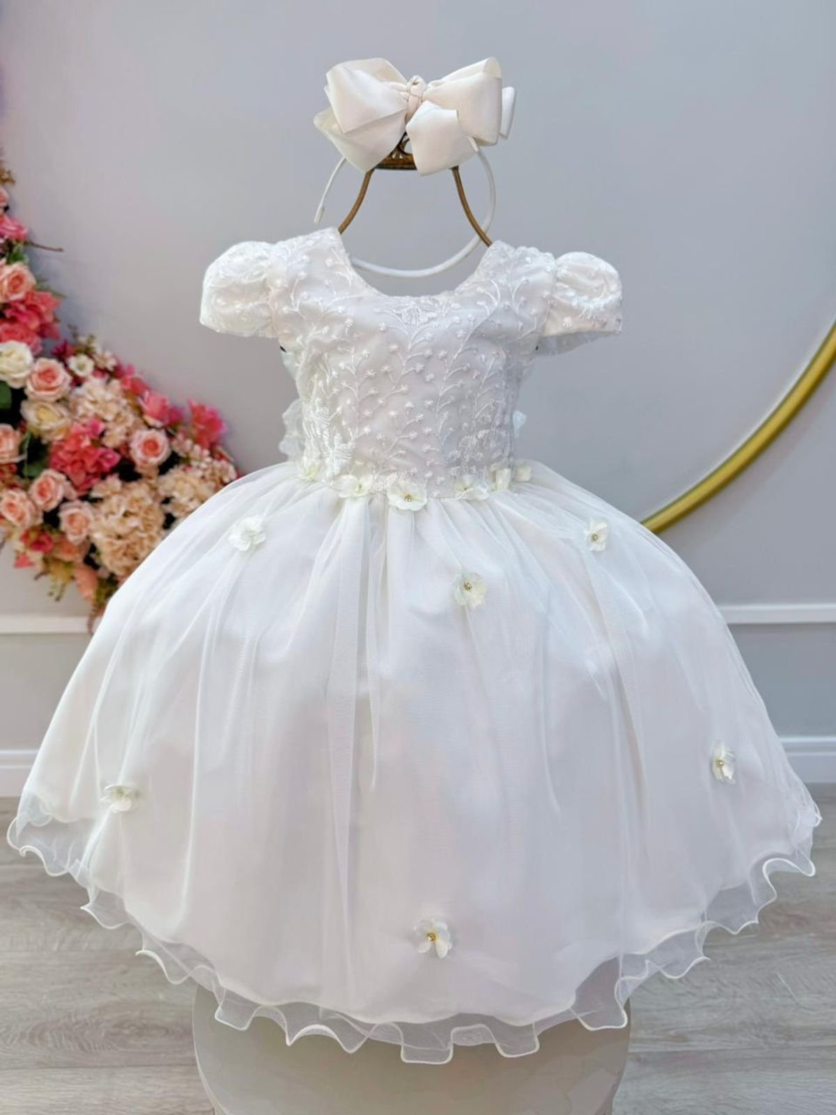 Infantil - Vestido Festa Branco Off White Marfim Creme Jardim Encantado Borboletas Formatura Casamento Princesa Social Rodado Florista Dama Daminha Aniversário Luxo