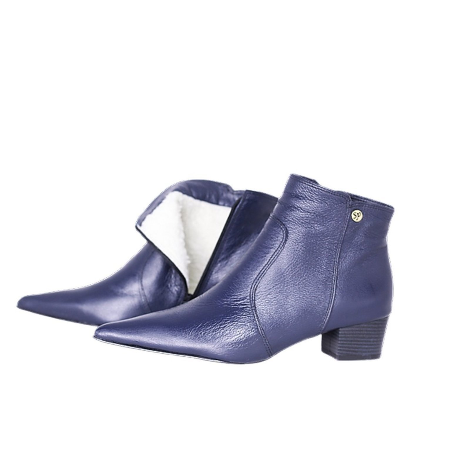 Vista 2 Bota Feminina em Lã Sintética Bico Fino Cano Curto Couro Salto 4 CM Azul Spinelli azul marinho Spinelli azul marinho