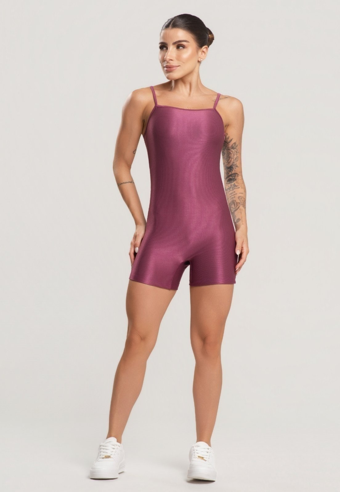Macaquinho WLS Modas Fitness Blackout Alcinha Slim Canelado Sem Transparência Academia Macacão Roxo