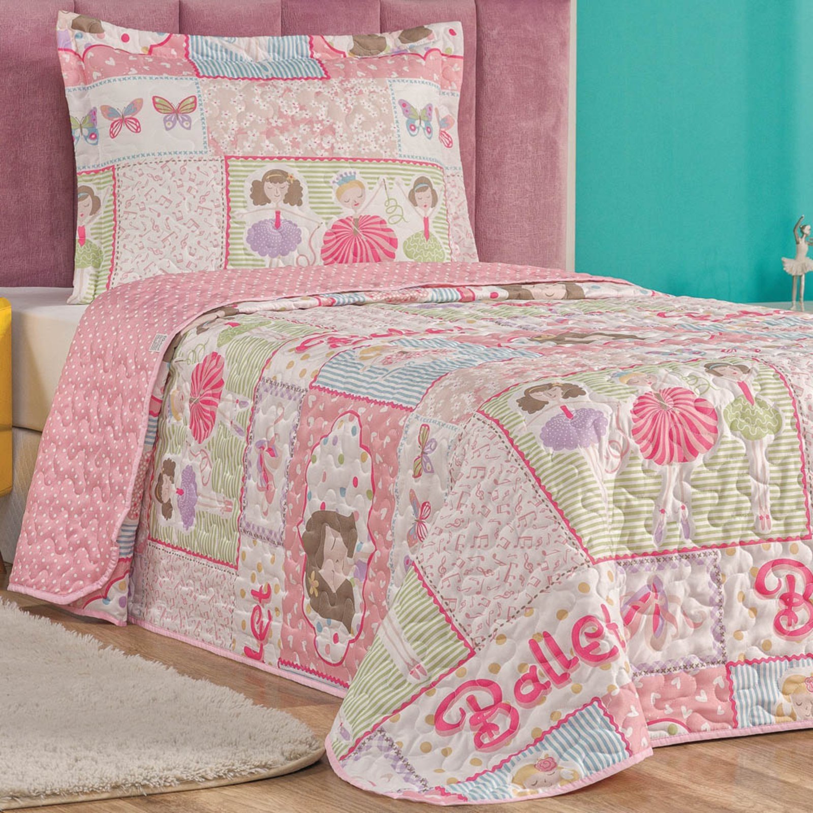 Kit Cobre Leito Colcha Solteiro Casa Scarpa Fantasy Dupla Face Microfibra 2 Peças - Balé Ballet - Rosa
