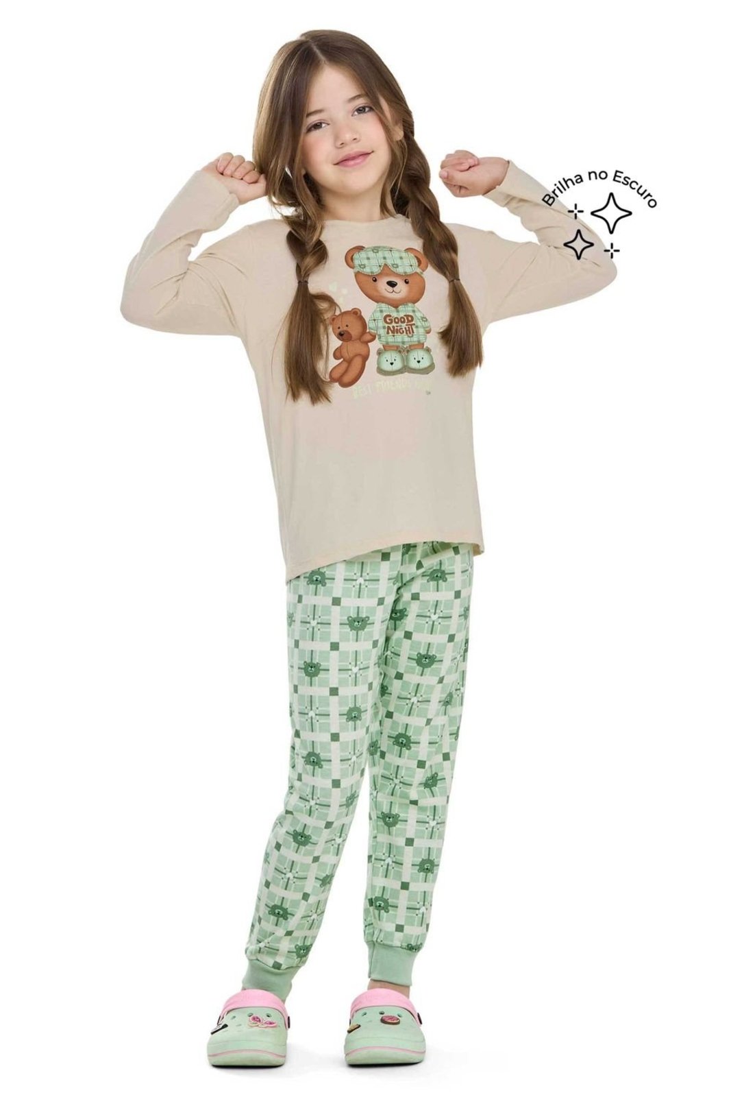 Pijama Longo Menina Xadrez Ursinho Elian Bege