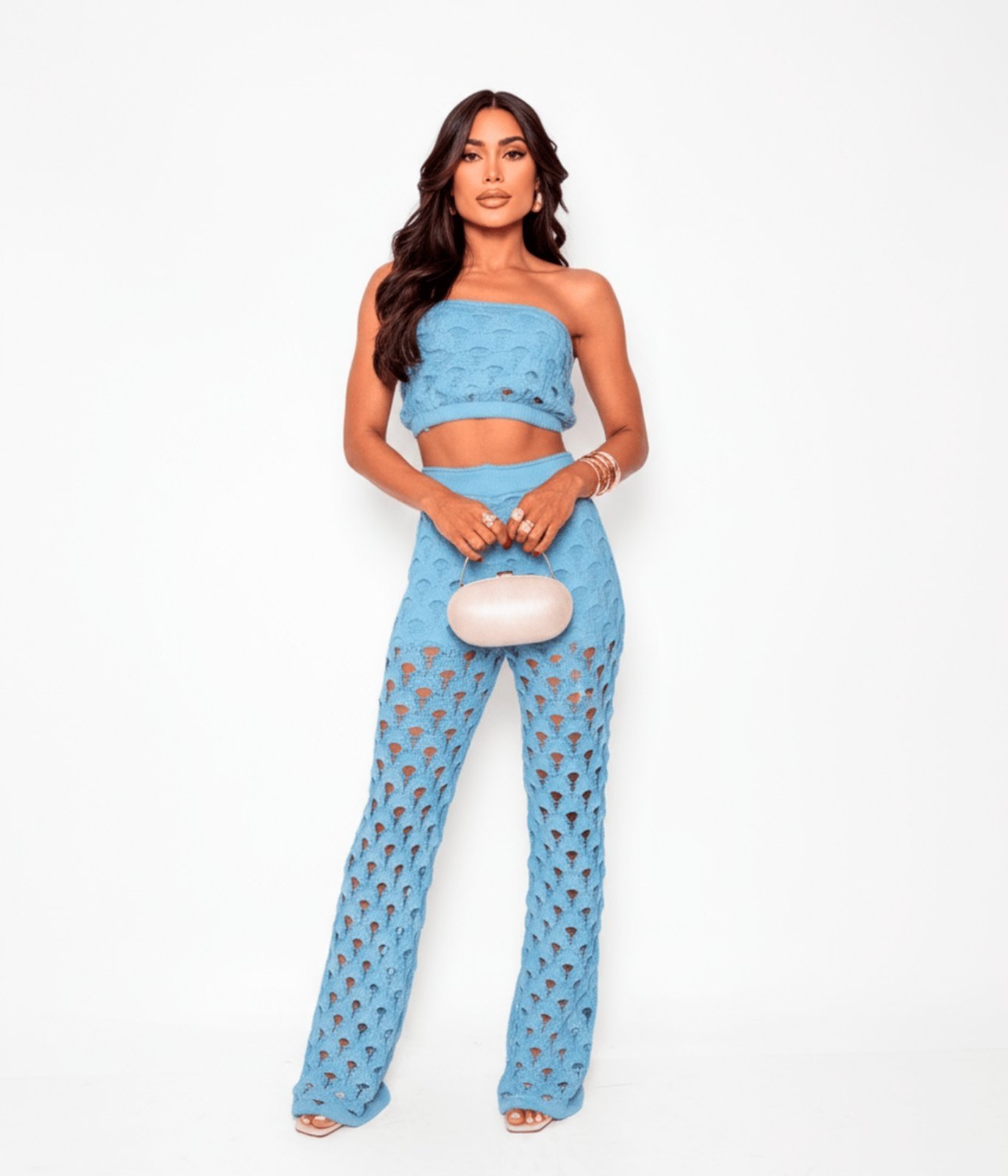 Conjunto Kit Três Peças Cherry Line Top Faixa Cropped Calça Vazada Short Tricot Croche Azul