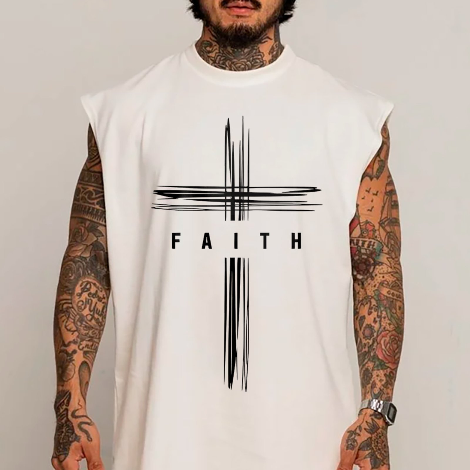 Camiseta Regata Machão Gospel Cruz Faith Minimalista Fé Cristã Branco