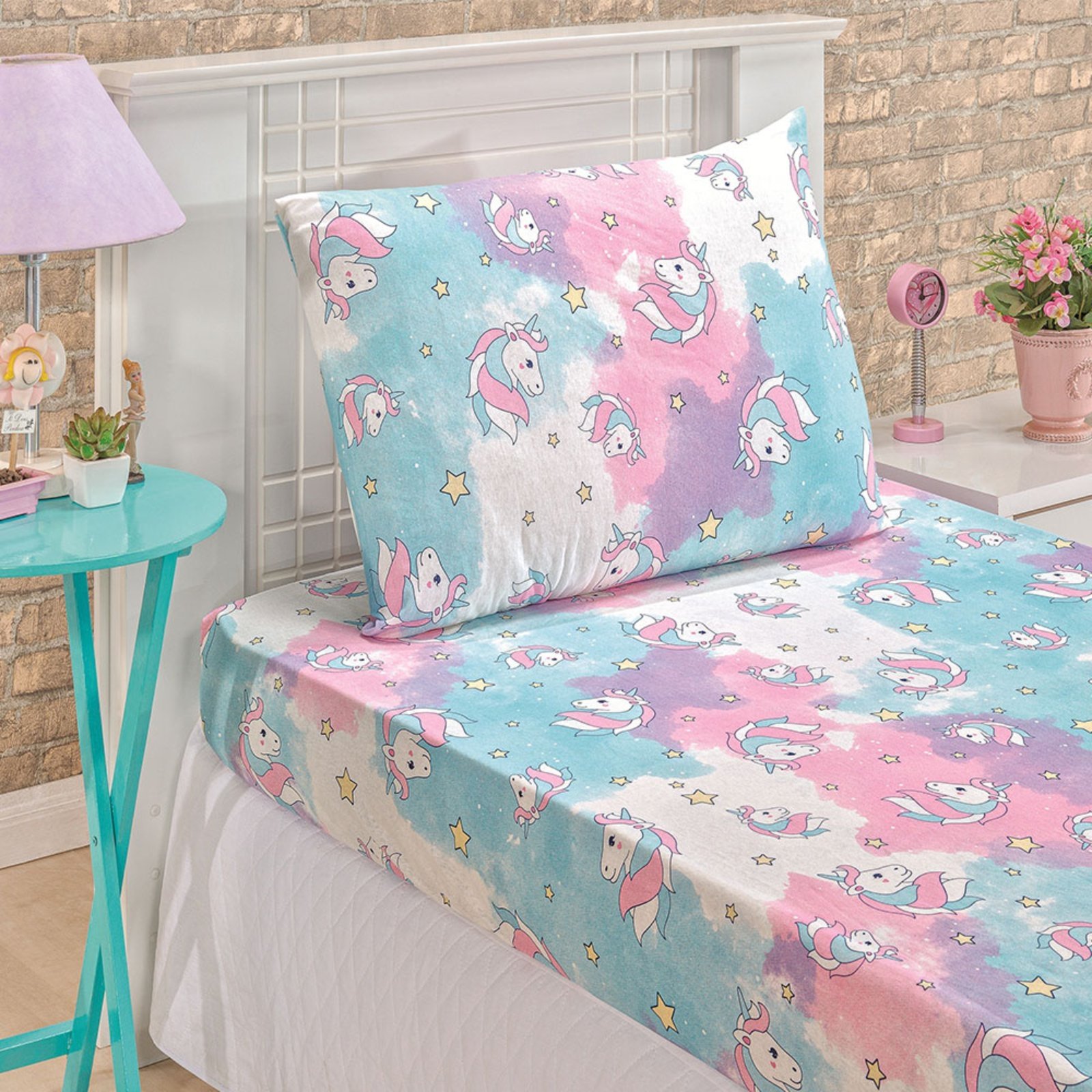 Jogo Cama Lençol Casa Scarpa Diver Solteiro Malha Soft Algodão 2 Peças - Unicórnio Rosa Azul