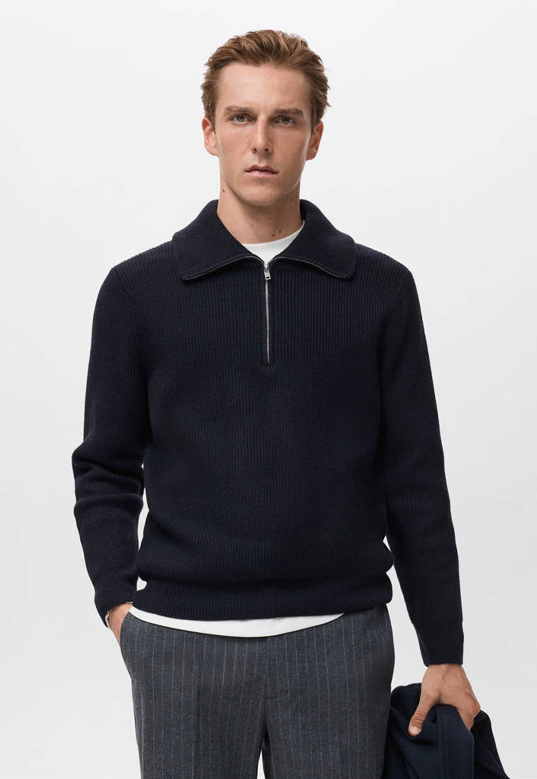 Suéter Masculino Mango Gola Alta Zíper Azul Marinho