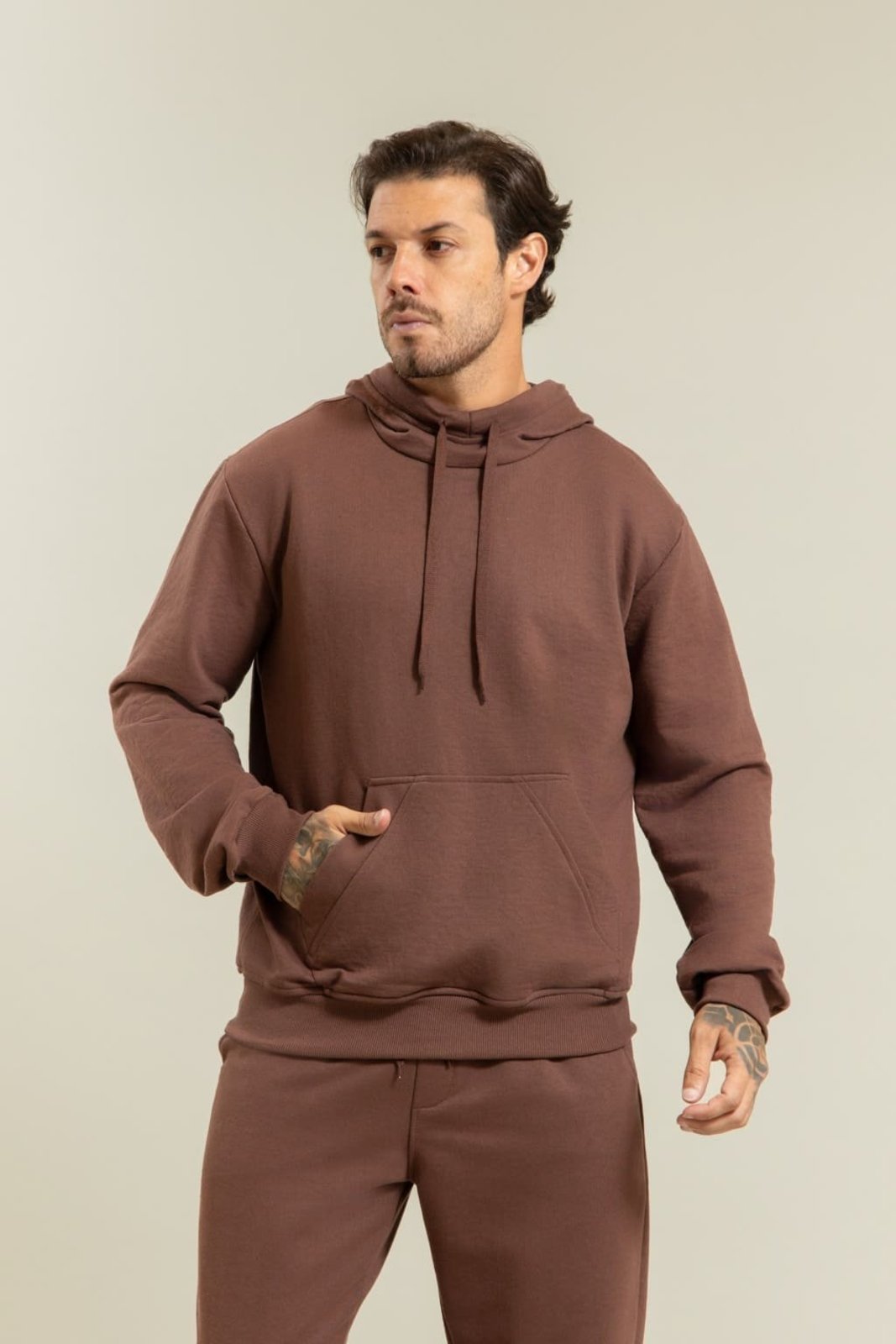 Blusa de Moletom Masculina Marrom com Capuz e Bolso Canguru Dialogo