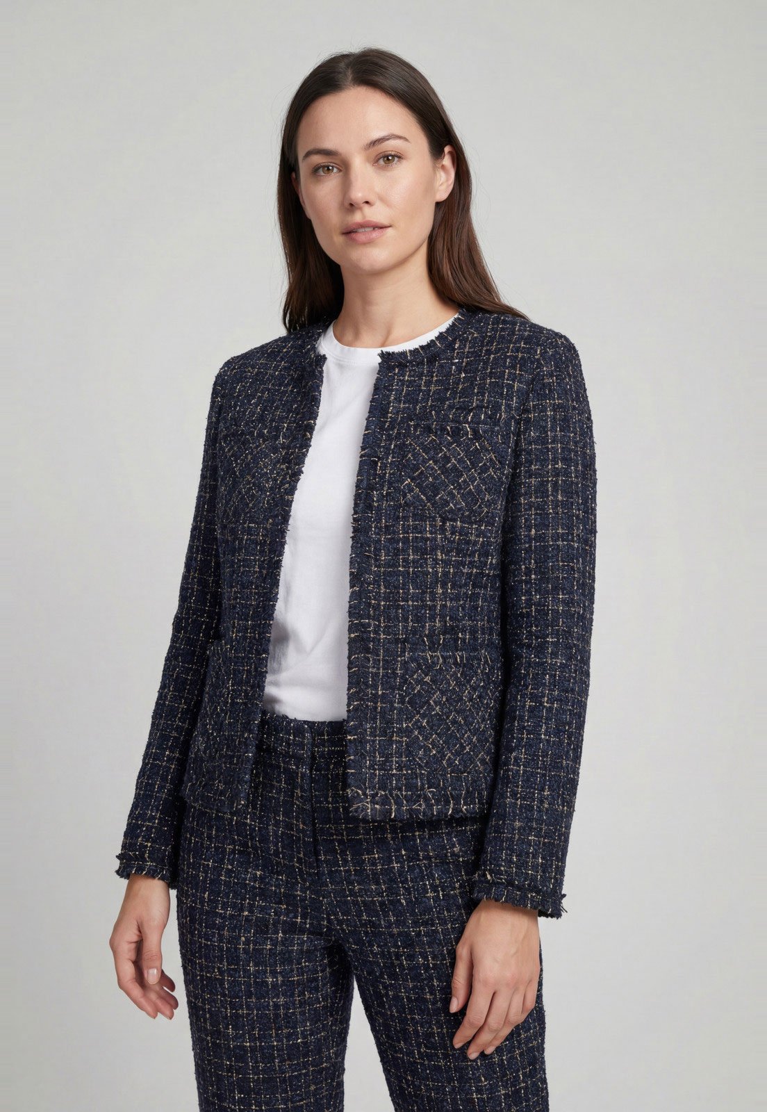 Blazer Feminino Facinelli Tweed Fios Dourados Azul Marinho
