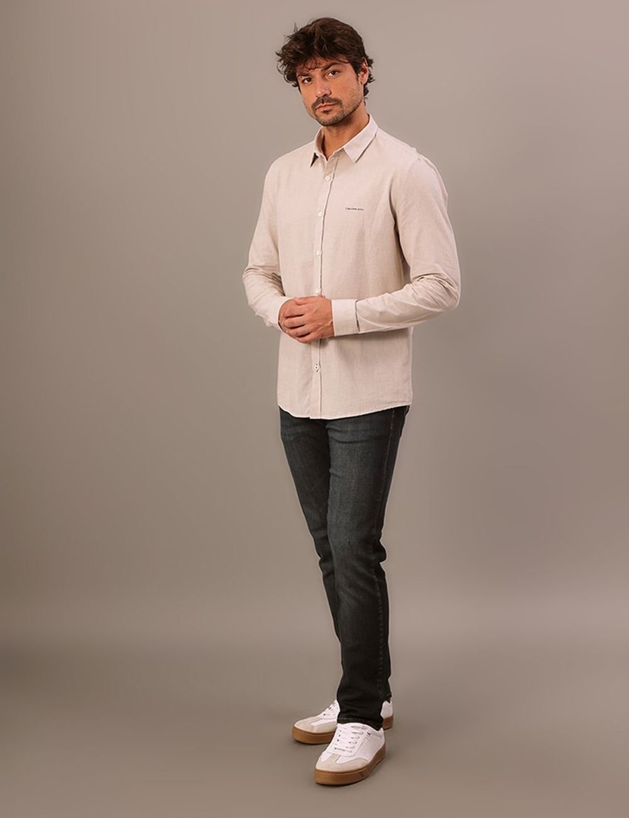 Camisa Manga Longa Slim Listrada Silk Logo - Caqui Medio Calvin Klein Jeans