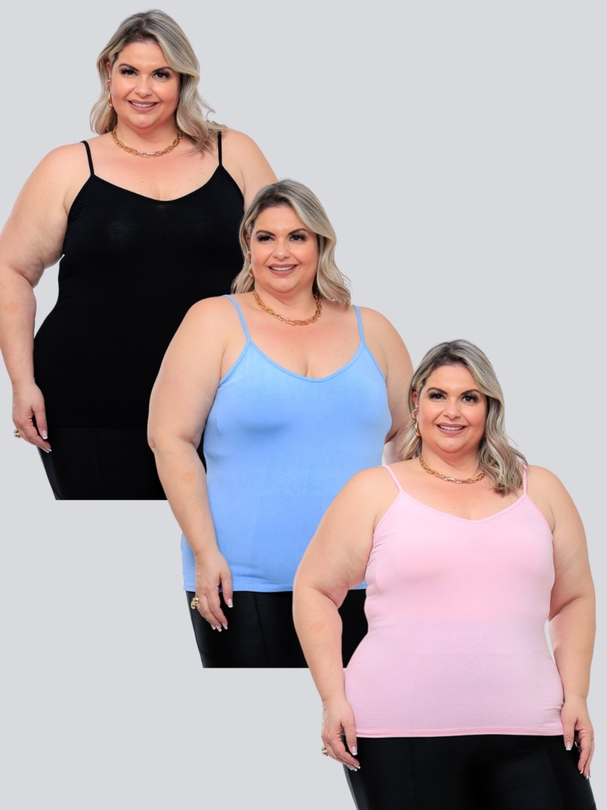 Kit 3 Peças Regata Plus Size Feminina Básica Viscolycra Alcinha Fina Leve estilo Casual GARAIS MODA moda Verão Preto Azul Rosa