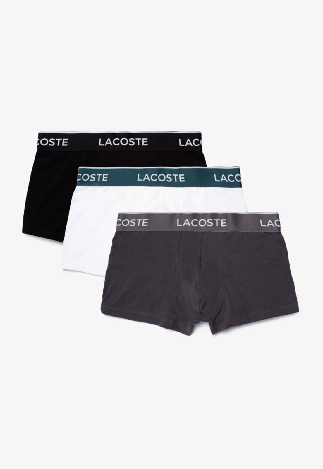 Vista 2 Pack de três cuecas trunks masculina Lacostes em algodão com stretch e cós assinado azul Lacoste azul