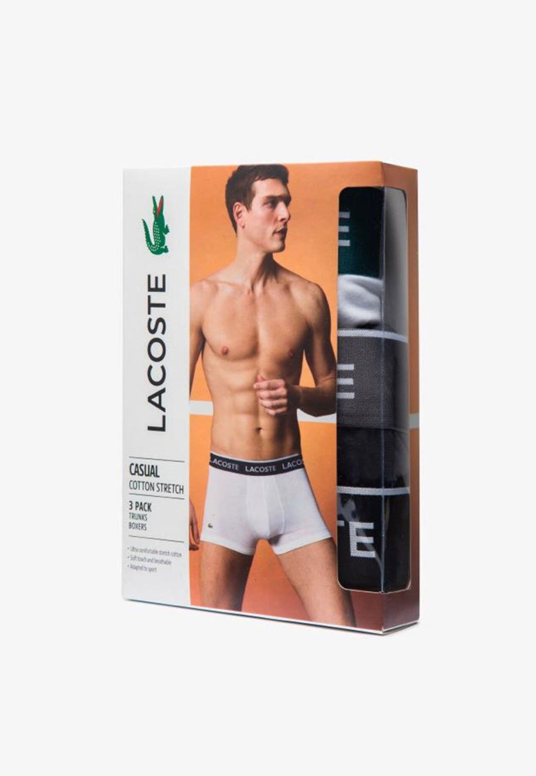 Vista 3 Pack de três cuecas trunks masculina Lacostes em algodão com stretch e cós assinado azul Lacoste azul