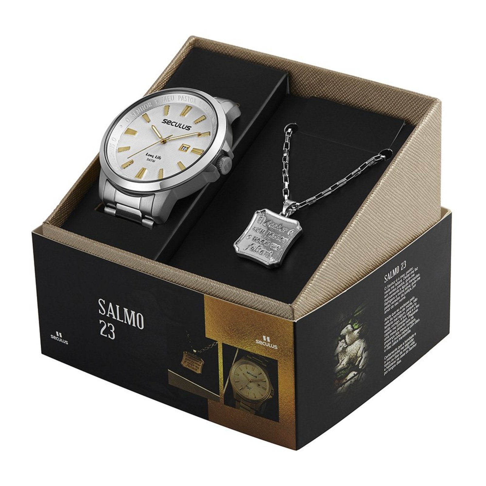 Kit Relógio Seculus Masculino Com Calendário Salmo 23 Prata Seculus