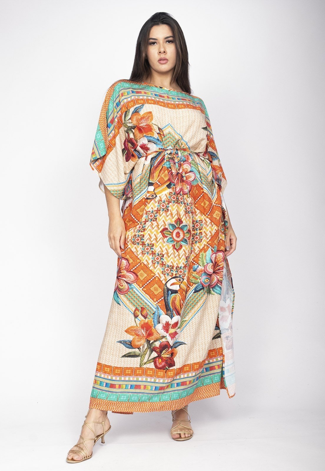 Vista 2 Vestido Amazonia Vital Kaftan Viscose Longo Estampa Tucano Urbano Amazonia Vital amarelo/branco/estampado
