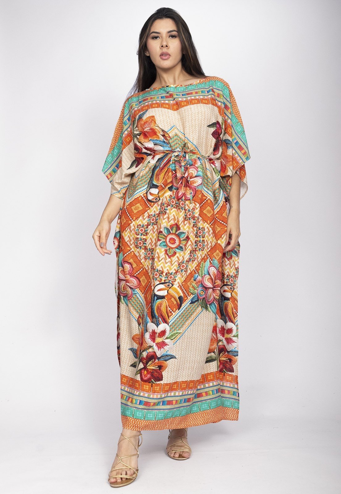 Vista 3 Vestido Amazonia Vital Kaftan Viscose Longo Estampa Tucano Urbano Amazonia Vital amarelo/branco/estampado