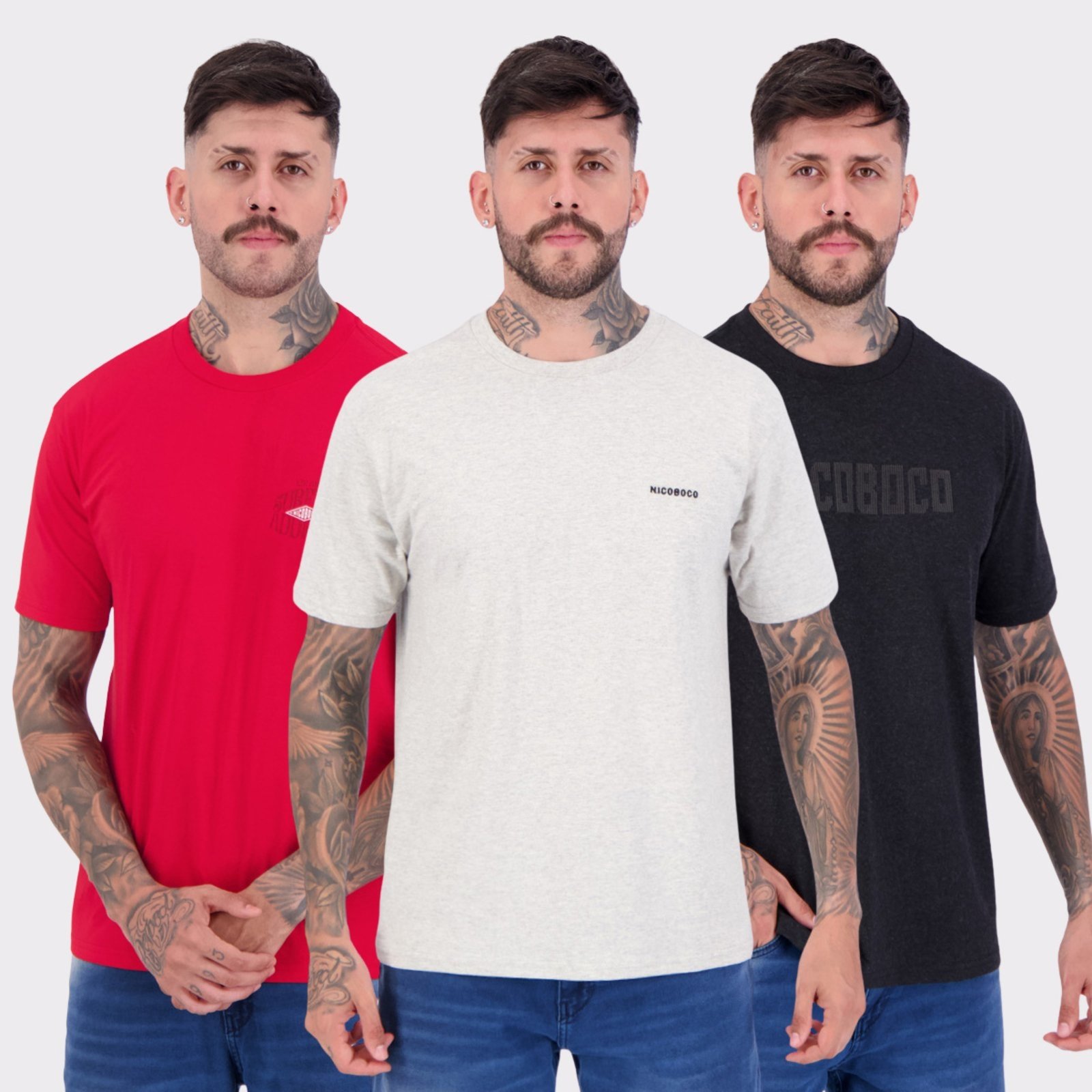 Vista 2 Kit 03 Camisetas Nicoboco Vermelho e Preta cinza Nicoboco cinza