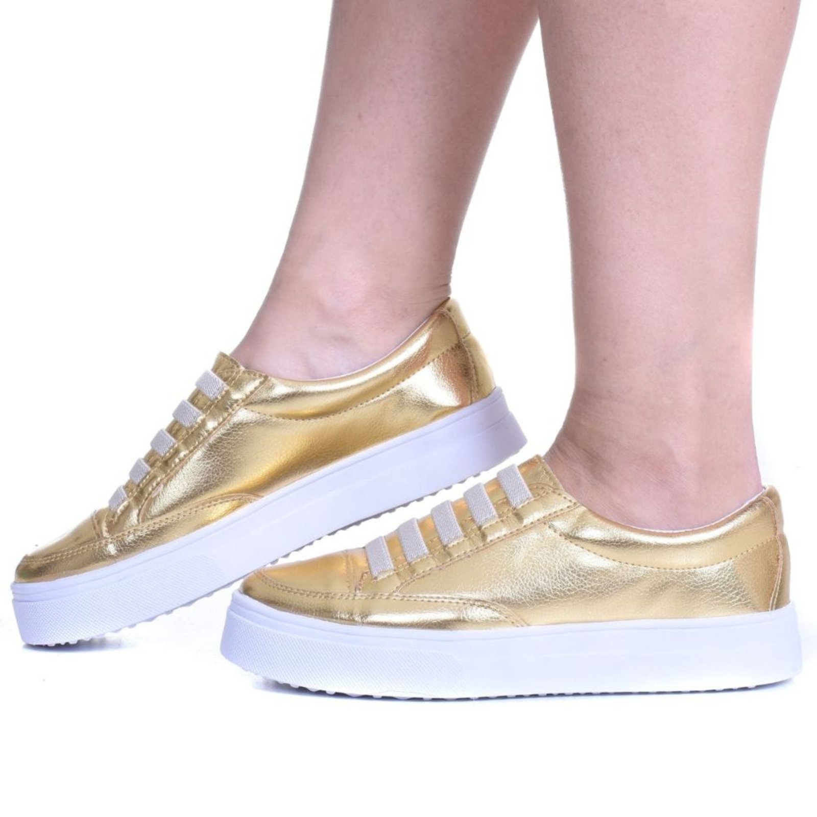 Tênis Feminino Casual Flatform Metalizado Dourado