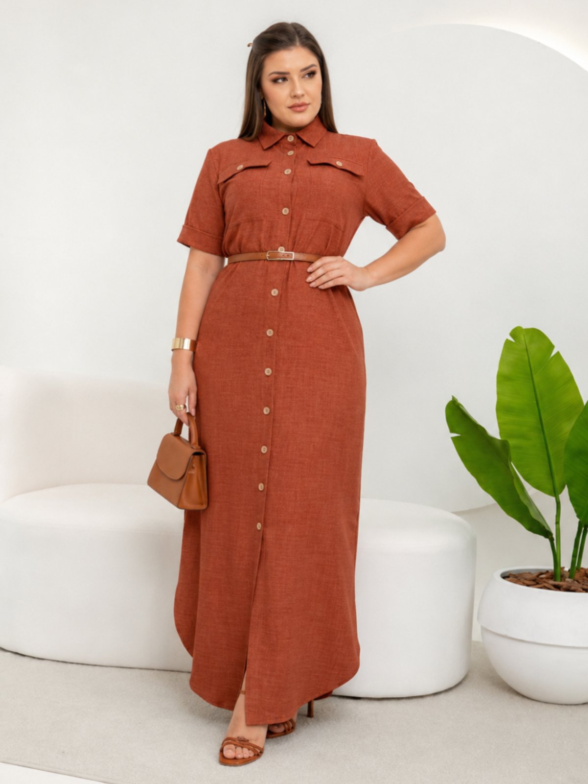 Vestido Feminino Casual Elegante Chemise com Cinto Manga Curta Social Trabalho Terra