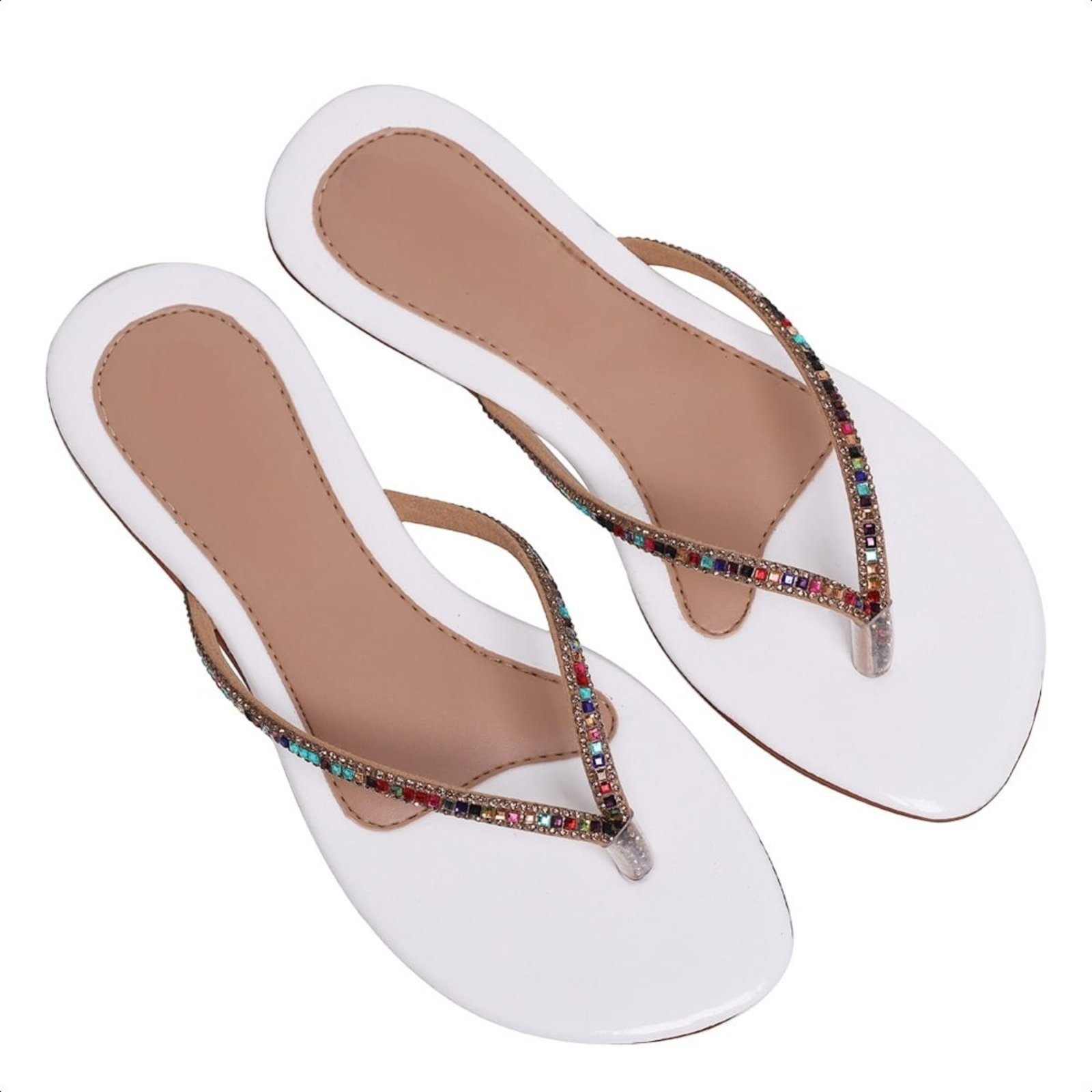 Chinelo Rasteirinha Feminina Branca Com Brilho Strass Confortável Salto Baixo Moda Praia Verão Casual Festa Carmelo Shoes