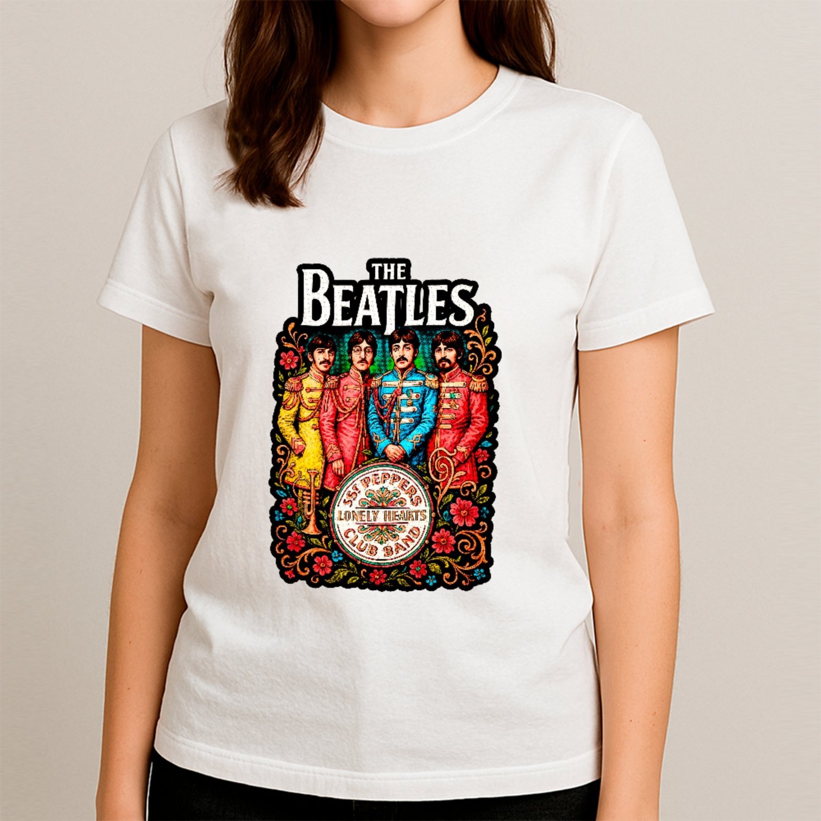 Camiseta Básica The Beatles Arte Psicodélica Clássica Rock Unissex Branco