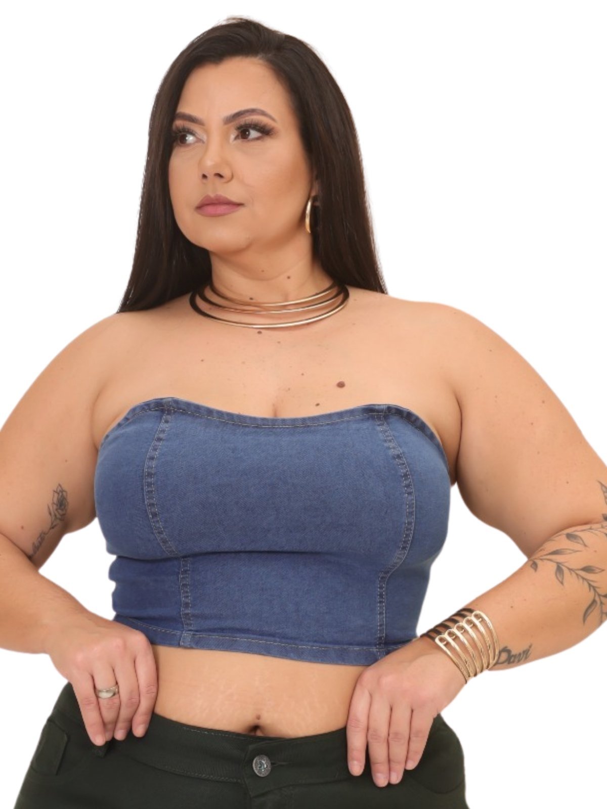 Top Feminino Jeans Light Faixa Tomara que Caia Jeans com Elastico