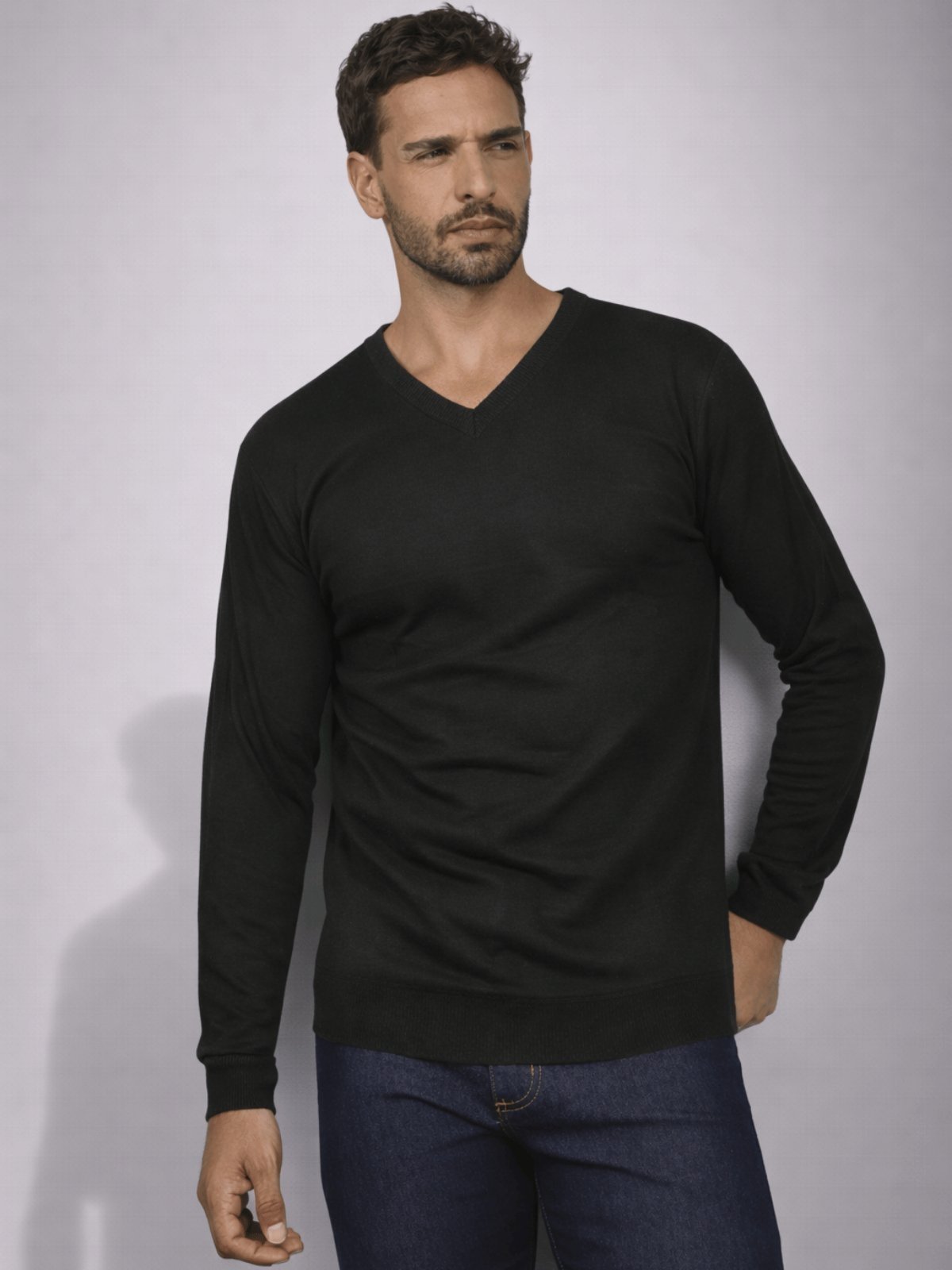 Suéter Masculino Gola V Canelado Americano Preto