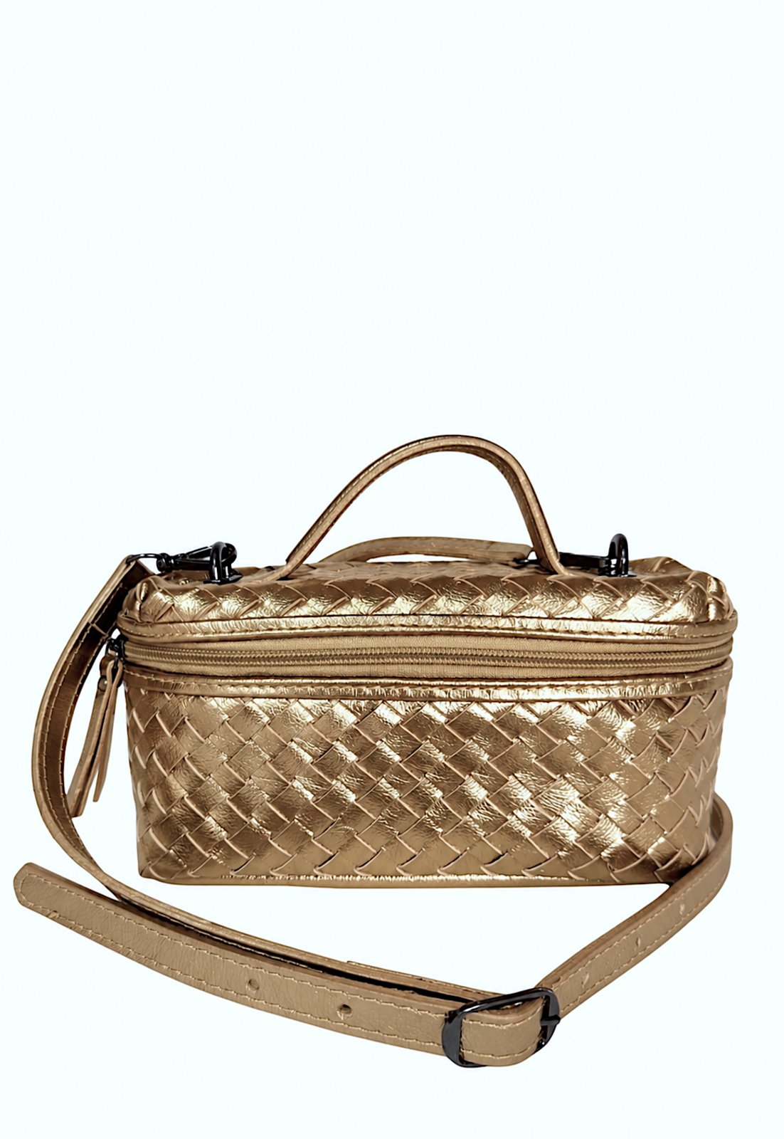 Bolsa Vanity Feminina em Couro Legítimo Dourada Tressê Geométrico Manual com Alça Longa